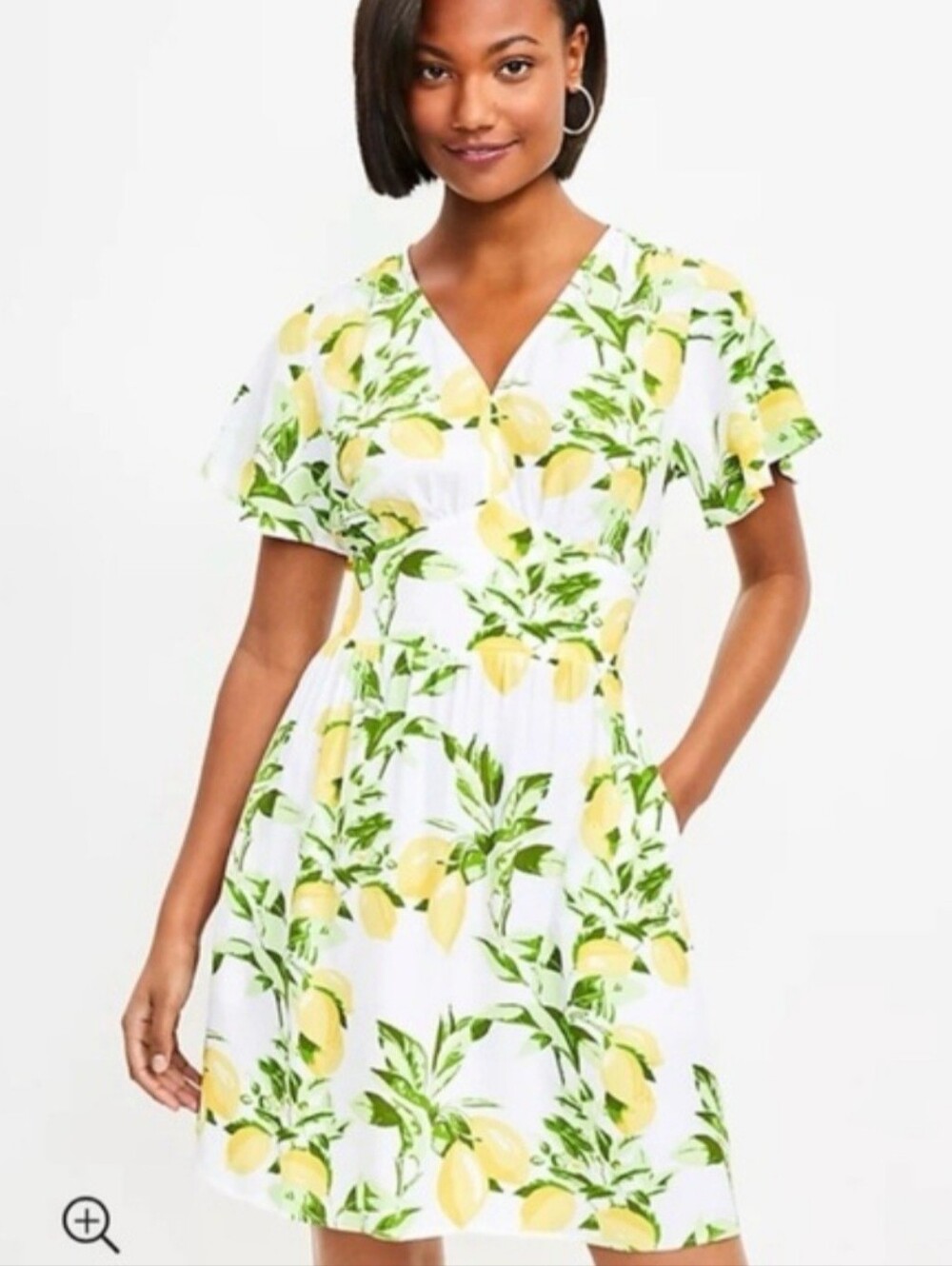 LOFT Petites Lemon Print V-Neck Garden Party Botanical Cottage Core Dress, 0P
